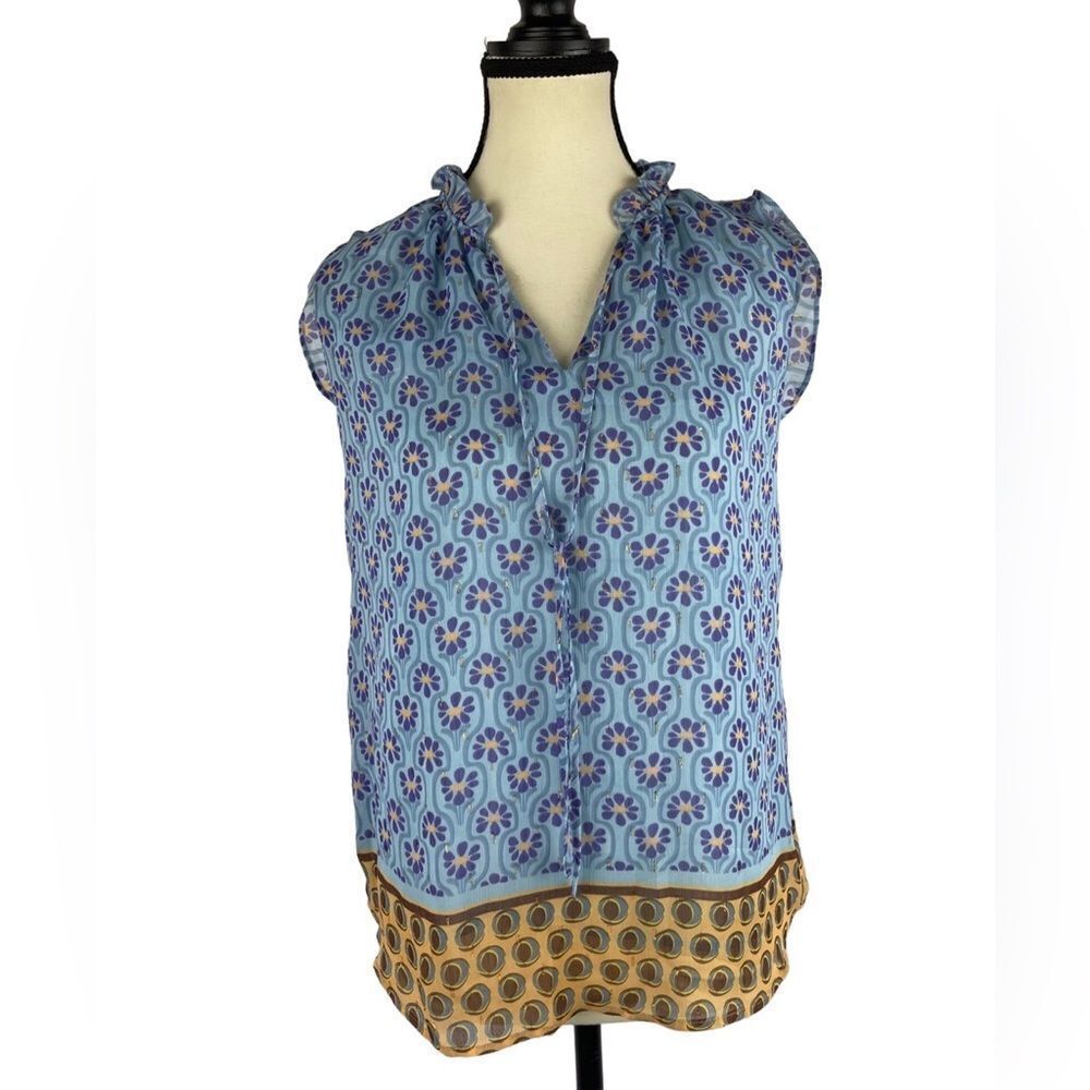 Rachel Roy women’s blue floral contrast hemline‎ flowy loose fitting top sz XS